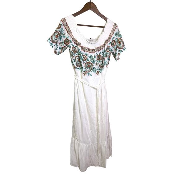 Line & Dot Rina Embroidered Boho Peasant Midi Dress White Multicolor L NWT - Picture 2 of 5
